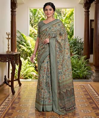 green chanderi block printed ready to wear saree 1