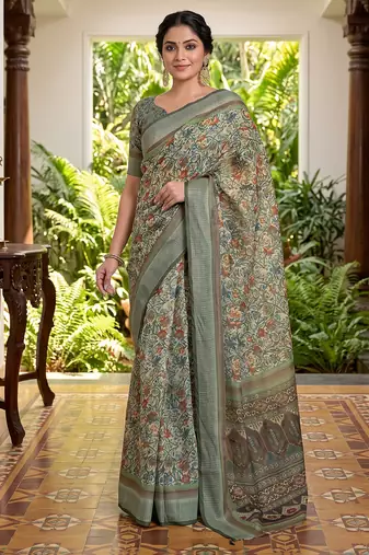 green chanderi block printed ready to wear saree