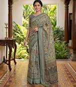 green chanderi block printed ready to wear saree