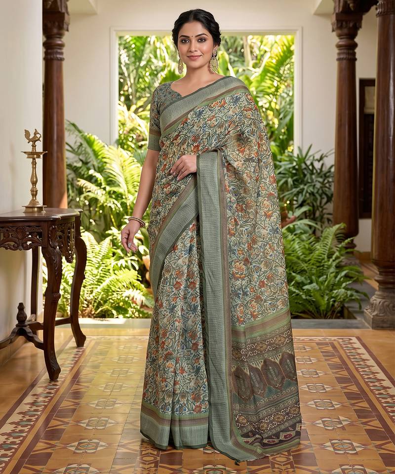 green chanderi block printed ready to wear saree
