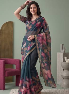teal green linen botanical design bollywood digital print saree 1