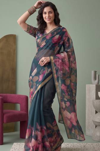 teal green linen botanical design bollywood digital print saree