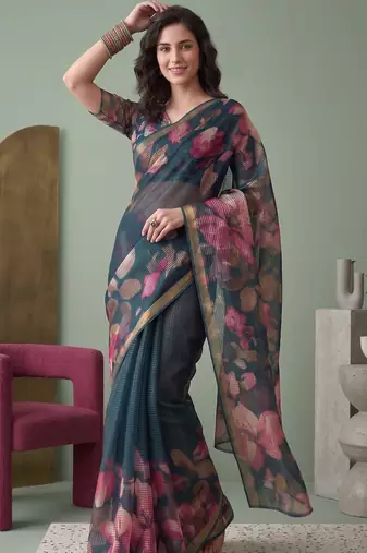 teal green linen botanical design bollywood digital print saree
