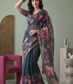 teal green linen botanical design bollywood digital print saree