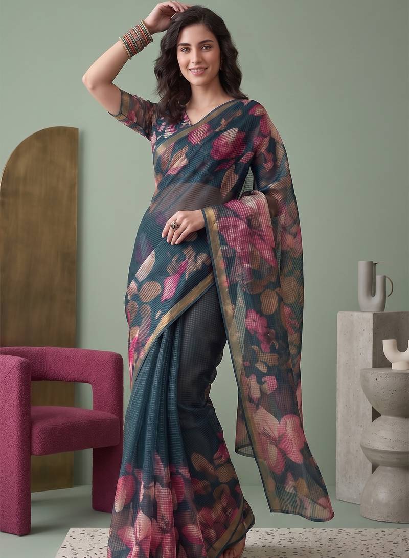 teal green linen botanical design bollywood digital print saree