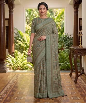 green chanderi block printed ready to wear saree 2