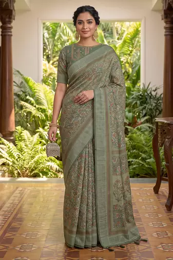 green chanderi block printed ready to wear saree