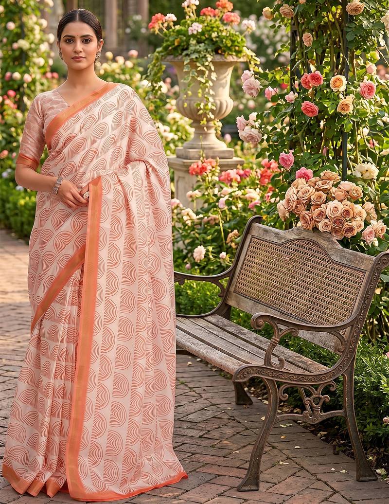 cream chanderi block printed ready to wear saree