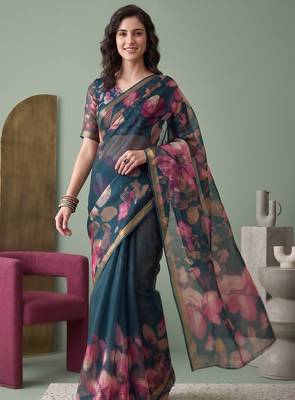 teal green linen botanical design bollywood digital print saree 2