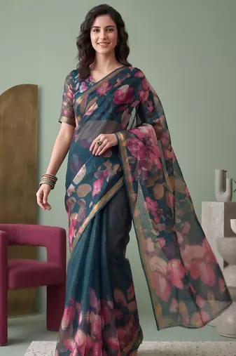 teal green linen botanical design bollywood digital print saree