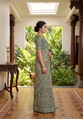 green chanderi block printed ready to wear saree 3
