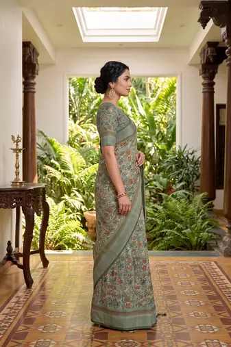 green chanderi block printed ready to wear saree