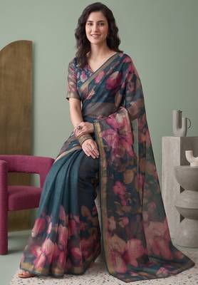 teal green linen botanical design bollywood digital print saree 3