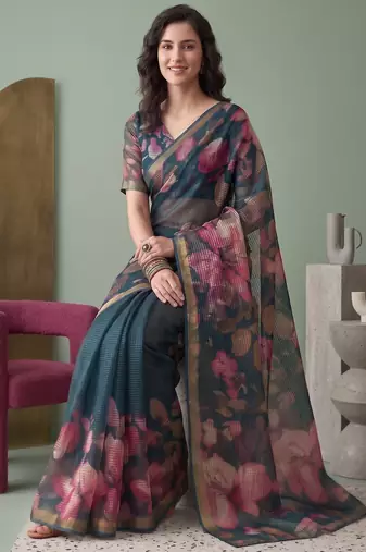 teal green linen botanical design bollywood digital print saree