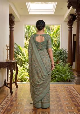 green chanderi block printed ready to wear saree 4