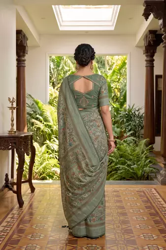 green chanderi block printed ready to wear saree