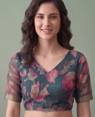 teal green linen botanical design bollywood digital print saree 4