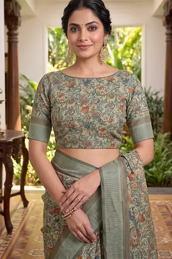 green chanderi block printed ready to wear saree