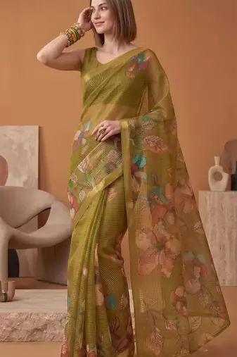 olive green linen botanical design bollywood digital print saree