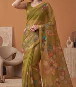 olive green linen botanical design bollywood digital print saree