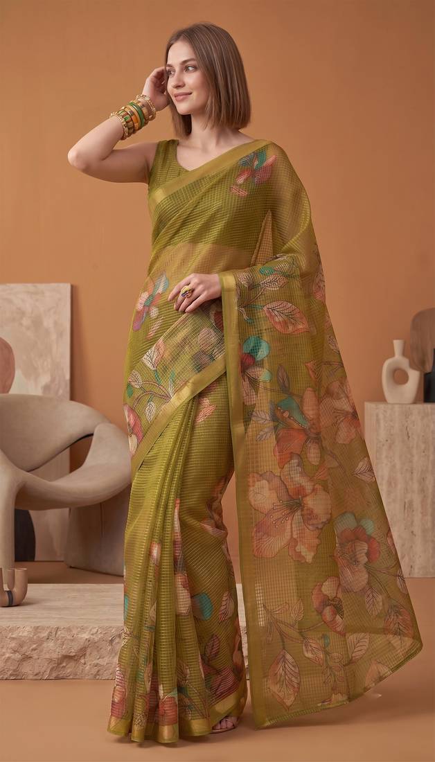 olive green linen botanical design bollywood digital print saree