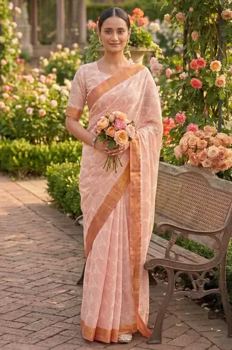 cream chanderi block printed ready to wear saree