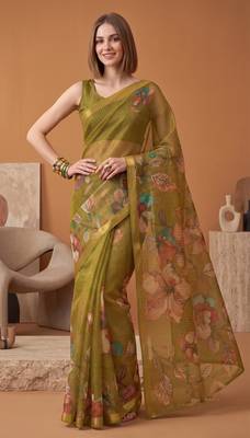 olive green linen botanical design bollywood digital print saree 2