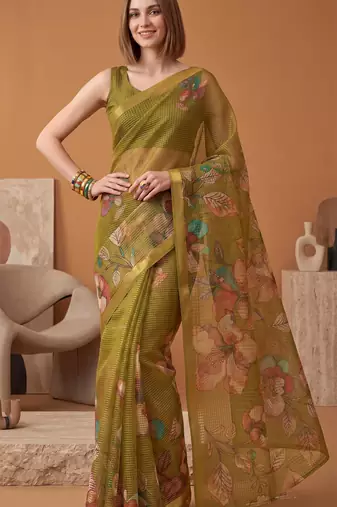 olive green linen botanical design bollywood digital print saree
