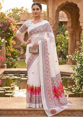 white chanderi block printed ready to wear saree 1