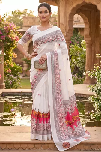 white chanderi block printed ready to wear saree