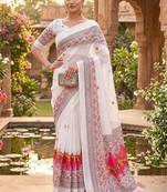 white chanderi block printed ready to wear saree