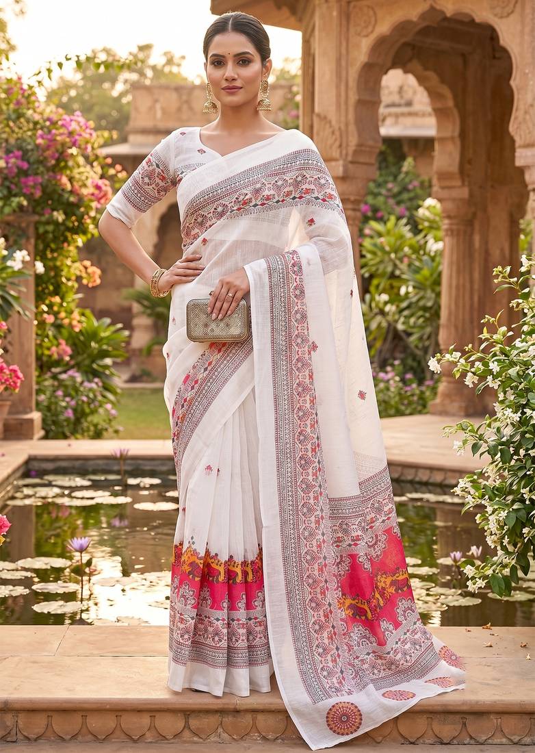white chanderi block printed ready to wear saree