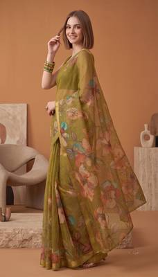 olive green linen botanical design bollywood digital print saree 3