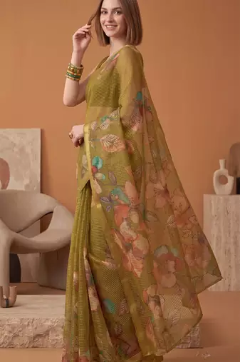 olive green linen botanical design bollywood digital print saree