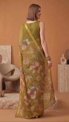 olive green linen botanical design bollywood digital print saree 4