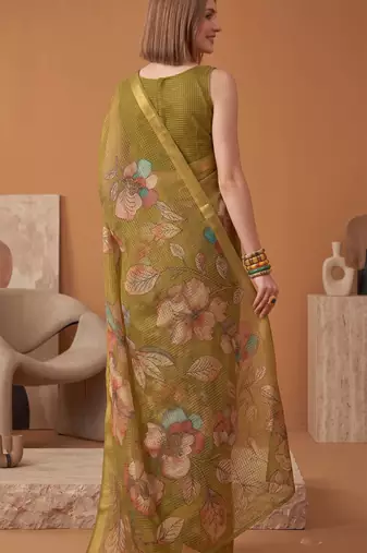 olive green linen botanical design bollywood digital print saree