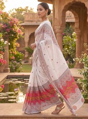white chanderi block printed ready to wear saree 2
