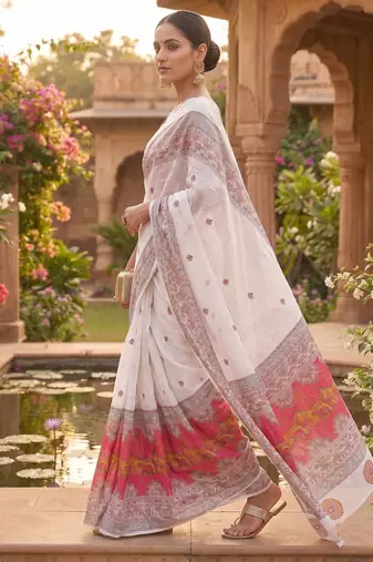 white chanderi block printed ready to wear saree