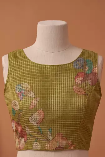 olive green linen botanical design bollywood digital print saree