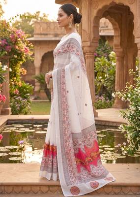 white chanderi block printed ready to wear saree 3