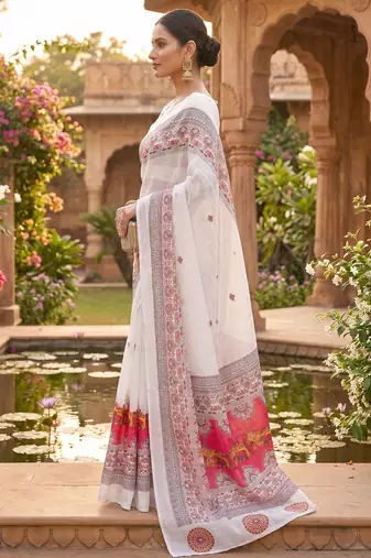 white chanderi block printed ready to wear saree