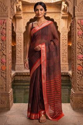 black chanderi striped printed ready to wear saree 1