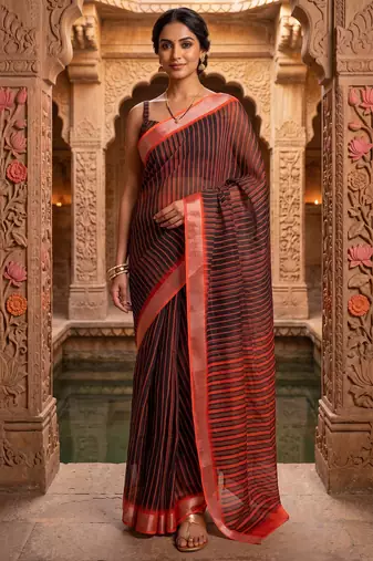 black chanderi striped printed ready to wear saree