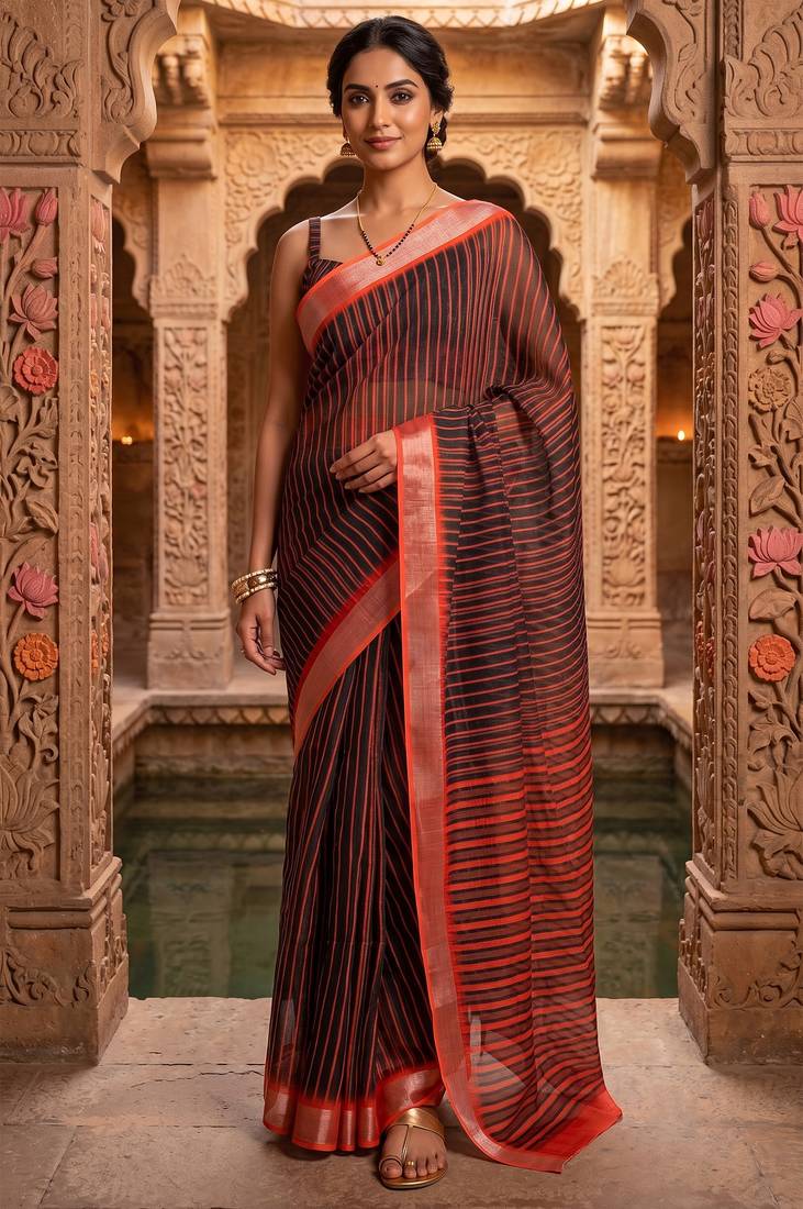 black chanderi striped printed ready to wear saree