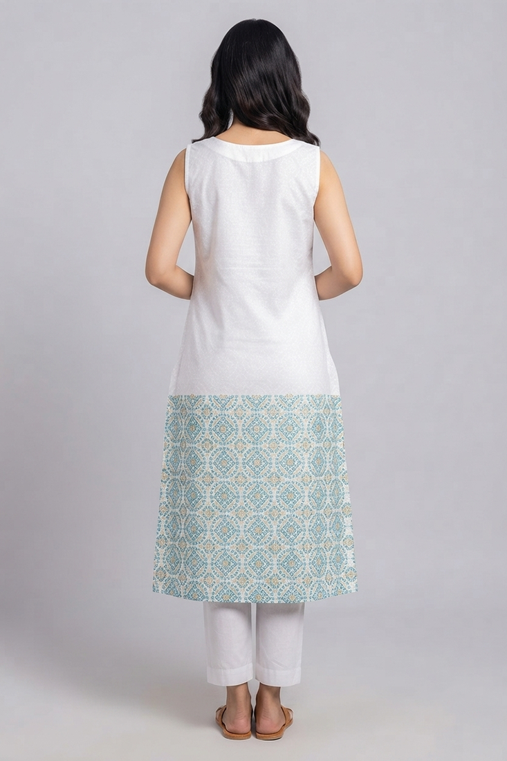 White and turquoise embroidered kurta set