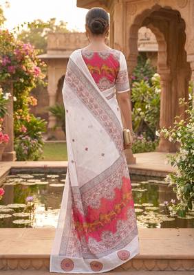white chanderi block printed ready to wear saree 4