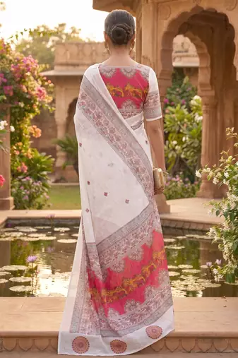 white chanderi block printed ready to wear saree