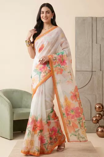 white linen floral bollywood digital print saree