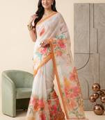 white linen floral bollywood digital print saree