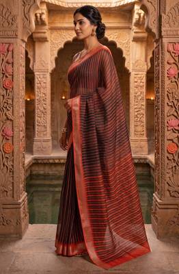 black chanderi striped printed ready to wear saree 2